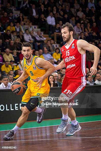 Leo Westermann, #9 of Limoges CSP competes with Miro Bilan, #15 of Cedevita Zagreb during the Turkish Airlines Euroleague Regular Season Round 7 game...