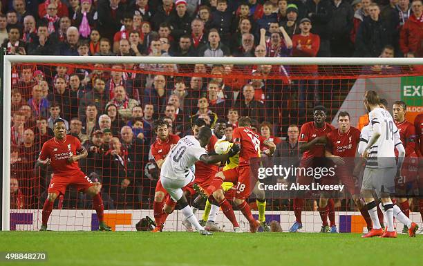 Henri Saivet of Bordeaux scores their first goal from a free kick during the UEFA Europa League Group B match between Liverpool FC and FC Girondins...