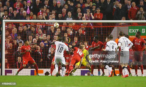 Henri Saivet of Bordeaux scores their first goal from a free kick during the UEFA Europa League Group B match between Liverpool FC and FC Girondins...