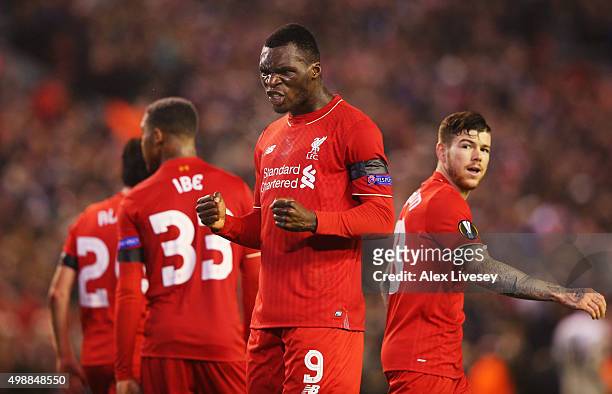 Christian Benteke of Liverpool celebrates as he scores their second goal during the UEFA Europa League Group B match between Liverpool FC and FC...