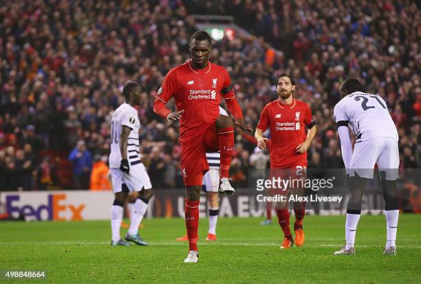 Christian Benteke of Liverpool celebrates as he scores their second goal during the UEFA Europa League Group B match between Liverpool FC and FC...