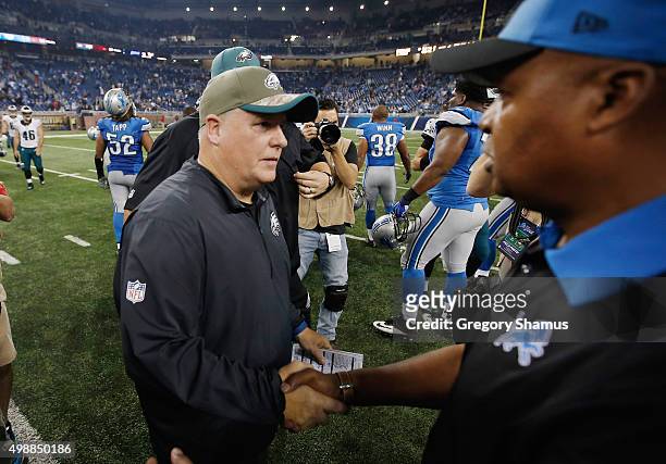 Head coach Jim Caldwell of the Detroit Lions and head coach Chip Kelly of the Philadelphia Eagles shake hands the after the game at Ford Field on...