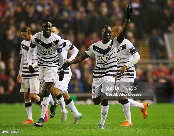 Henri Saivet of Bordeaux celebrates with team mates as he scores their first goal during the UEFA Europa League Group B match between Liverpool FC...