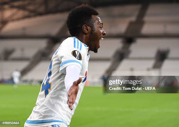 Georges-Kevin N'Koudou of Marseille celebrates his goal during the UEFA Europa League match between Olympique de Marseille and FC Groningen at Stade...