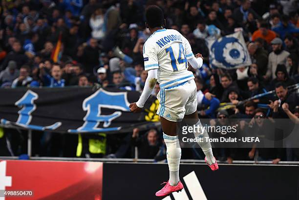 Georges-Kevin N'Koudou of Olympique de Marseille celebrates his goal during the UEFA Europa League match between Olympique de Marseille and FC...