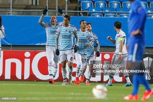 Fenerbache's Fernandao celebrates with teamamtes after scoring during the UEFA Europa League football match Molde FK v Fenerbahce SK in Molde, Norway...