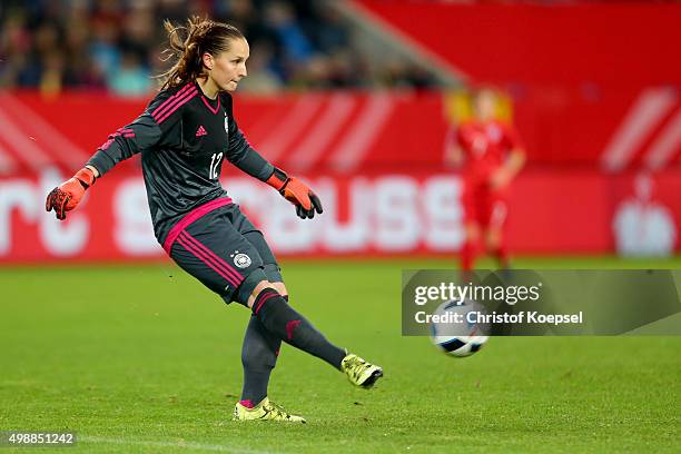 Laura Benkarth of Germany runs with the ball during the Women's International Friendly match between Germany and England at Schauinsland-Reisen-Arena...