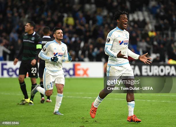 Michy Batshuayi of Olympique de Marseille celebrates his goal during the UEFA Europa League match between Olympique de Marseille and FC Groningen at...