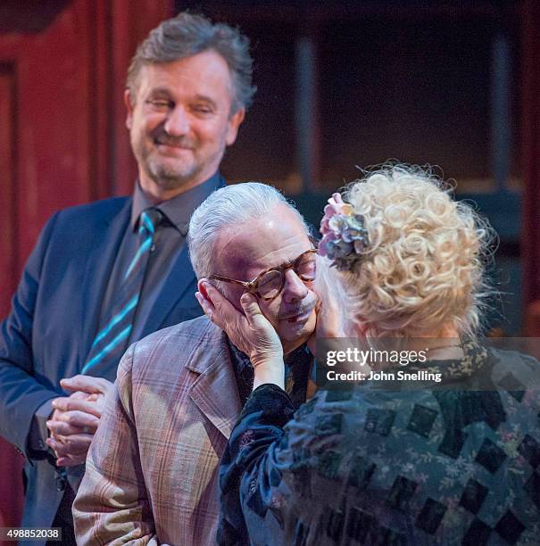 Simon Shepherd as Tom, Wallace Shawn as Dick, Anna Calder-Marshall as Nellie perform on stage during a performance of "Evening At The Talk House" at...