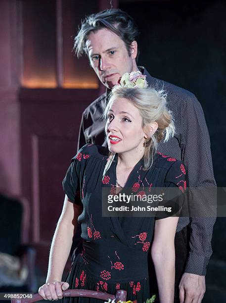 Josh Hamilton as Robert, Sinead Matthews as Jane perform on stage during a performance of "Evening At The Talk House" at The National Theatre on...