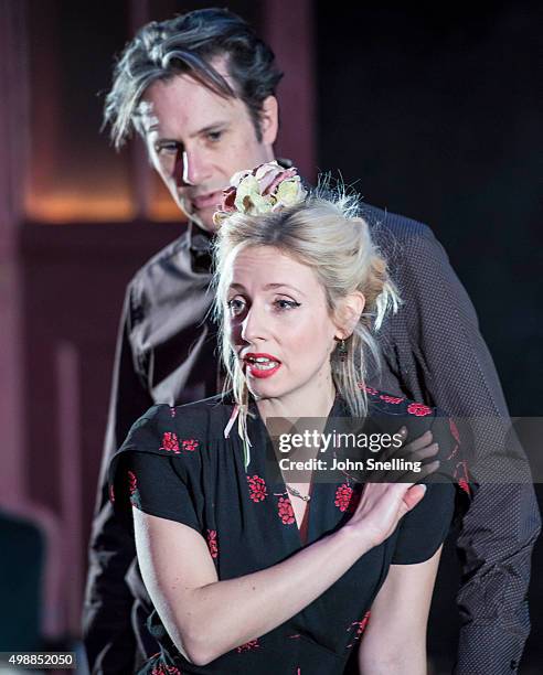 Josh Hamilton as Robert, Sinead Matthews as Jane perform on stage during a performance of "Evening At The Talk House" at The National Theatre on...