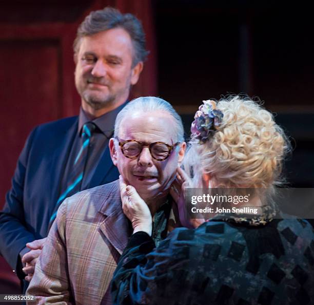 Simon Shepherd as Tom, Wallace Shawn as Dick, Anna Calder-Marshall as Nellie perform on stage during a performance of "Evening At The Talk House" at...