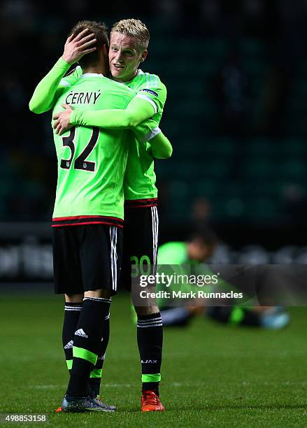 Vaclav Cerny , of Ajax is congratulated by Donny van de Beek at the end of the game after scoring the winning goal during the UEFA Europa League...