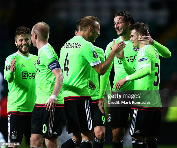 Vaclav Cerny , of Ajax is congratulated by his team mates at the end of the game after scoring the winning goal during the UEFA Europa League Group A...