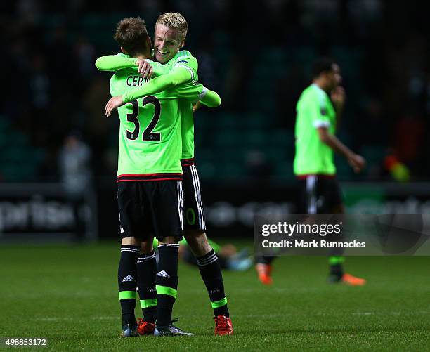 Vaclav Cerny , of Ajax is congratulated by Donny van de Beek at the end of the game after scoring the winning goal during the UEFA Europa League...