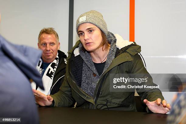 Nadine Angerer speaks during the Meet and Greet of the Fanclub Nationalmannschaft prior to the Women's International Friendly match between Germany...