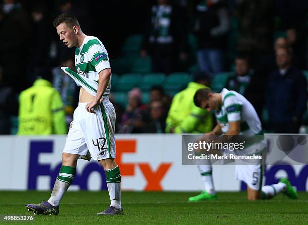 Callum McGregor of Celtic reacts after the defeat to Ajax during the UEFA Europa League Group A match between Celtic FC and AFC Ajax on November 26,...