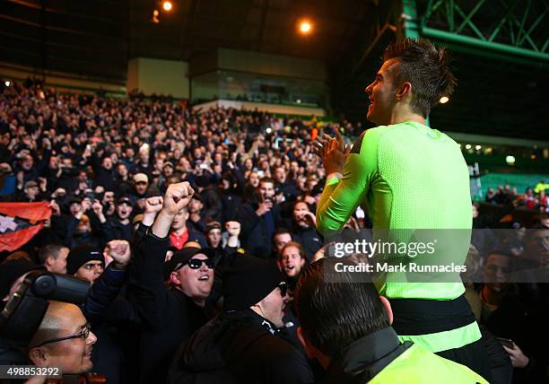 Vaclav Cerny of Ajax is lifted into the crowd to celebrate at the end of the game after scoring the winning goal during the UEFA Europa League Group...