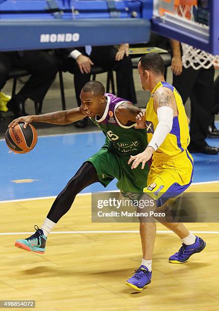 Jamar Smith, #15 of Unicaja Malaga in action during the Turkish Airlines Euroleague Regular Season Round 7 game between Unicaja Malaga v Maccabi Tel...