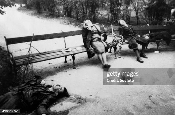 World War Two. German civilians who committed suicide by poisoning in a park. Berlin, Germany. 1945.