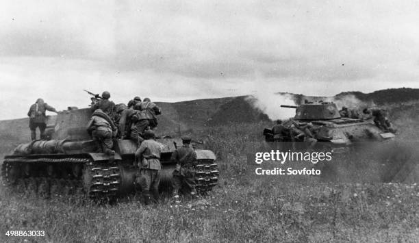 World War Two. Soviet infantry supported by T-34 tanks advancing.