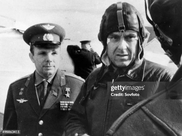 Soviet cosmonauts Yuri Gagarin and Vladimir Komarov. 1964.