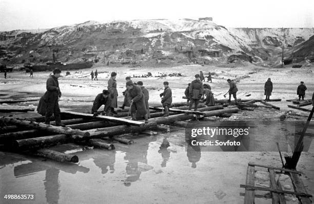 Stalingrad. December 1942. Combat engineers building a Volga River crossing. World War Two.