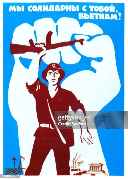 Soviet propaganda poster from the 1960s or 70s. 'We're in solidarity with you, Vietnam!'.
