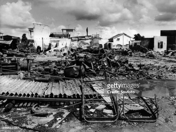 Republic of South Vietnam. Ruins in Xuan Loc from heavy fighting before liberation. 1975.