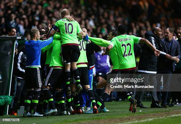 Vaclav Cerny of Ajax celebrates with his fellow team mates after scoring the winning goal during the UEFA Europa League Group A match between Celtic...