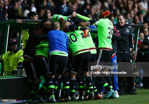 Vaclav Cerny of Ajax celebrates with his fellow team mates after scoring the winning goal during the UEFA Europa League Group A match between Celtic...