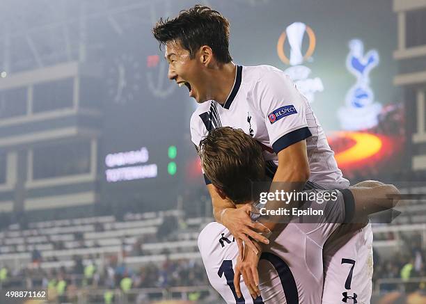 Son Heung-min and Harry Kane of Tottenham Hotspur FC celebrate a goal during the UEFA Europe League match between Qarabag FK and Tottenham Hotspur FC...