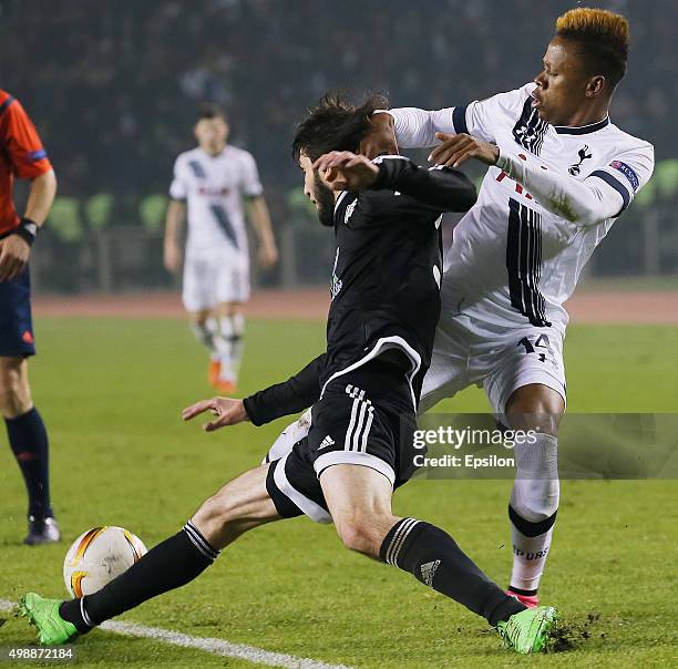 Badavi Guseynov of Qarabag FK ?hallenged by Clinton N'Jie of Tottenham Hotspur FC during the UEFA Europe League match between Qarabag FK and...