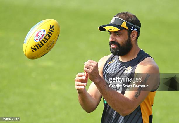 Chris Yarran of the Tigers catches the ball during a Richmond Tigers AFL training session at ME Bank Centre on November 27, 2015 in Melbourne,...