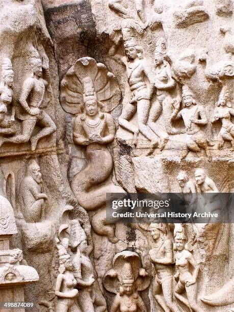 Bas relief figures known as Arjunas Penance, depicting the epic-hero in a state of self-inflicted punishment to please the god Shiva, 7th century,...