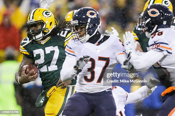Eddie Lacy of the Green Bay Packers carries the football toward the endzone, resulting in a touchdown, in the first quarter against the Chicago Bears...