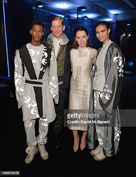 Model, Christopher Raeburn, Daisy Ridley and model attend the Star Wars: Fashion Finds The Force presentation at the Old Selfridges Hotel, London. 10...
