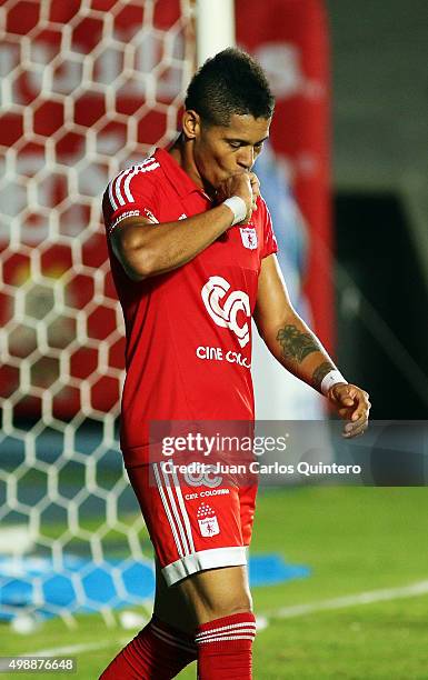 Ayron del Valle of Amereica de Cali celebrates after scoring the third goal of his team during a match between America de Cali and Real Cartagena as...