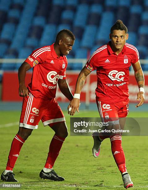 Ayron del Valle of Amereica de Cali celebrates after scoring the third goal of his team during a match between America de Cali and Real Cartagena as...