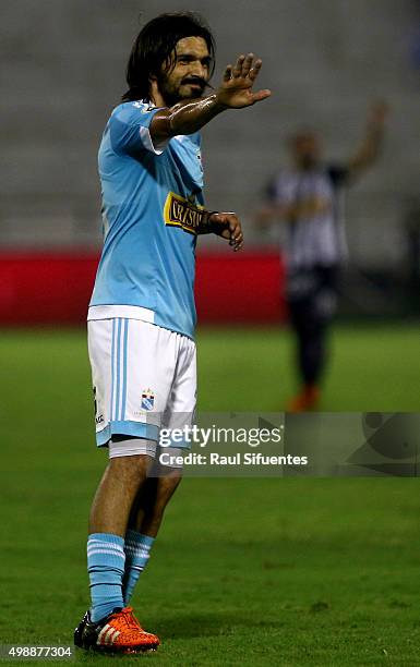 Jorge Cazulo of Sporting Cristal reacts during a match between Alianza Lima and Sporting Cristal as part of 8th round of Torneo Clausura 2015 at...