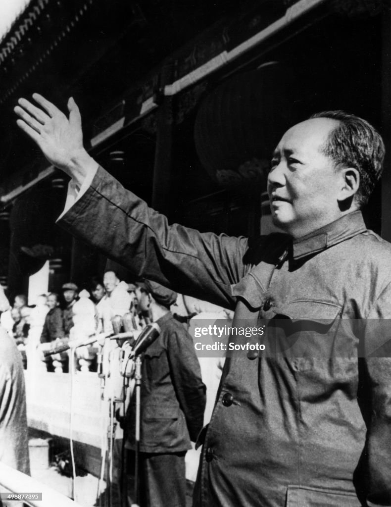 Chairman Mao Zedong addressing the crowd from the rostrum in Tienanmen Square as he reviews paraders taking part in the grand rally celebrating the great proletarian cultural revolution. 1966.