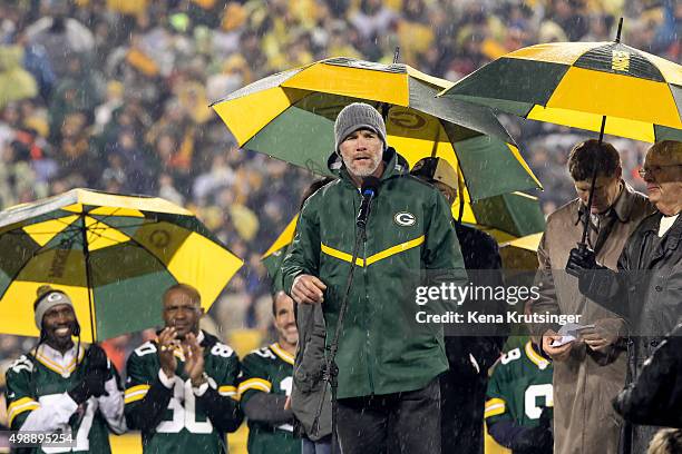 Brett Favre, former Green Bay Packers quarterback, speaks during the retirement ceremony for his jersey at Lambeau Field on November 26, 2015 in...