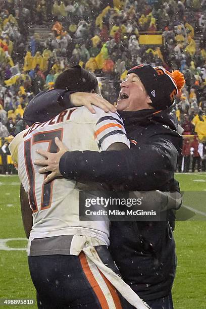 Alshon Jeffery and head coach John Fox of the Chicago Bears hug after defeating the Green Bay Packers at Lambeau Field on November 26, 2015 in Green...