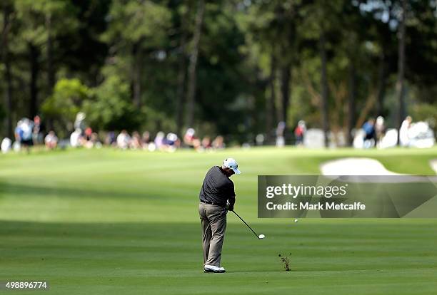 Peter Senior of Australia plays his second shot on the 17th hole during day two of the Australian Open at the Australian Golf Club on November 27,...