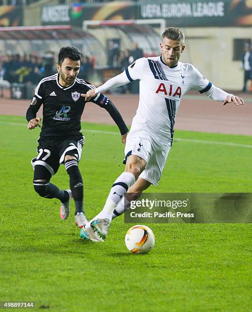 Javid Taghiyev of Qarabag FK is challenged Tottenham Hotspur FC during the UEFA Europe League match between Qarabag FK and Tottenham Hotspur FC at...