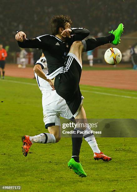 Qarabag FK players is challenged by Tottenham Hotspur FC players during the UEFA Europe League match between Qarabag FK and Tottenham Hotspur FC at...