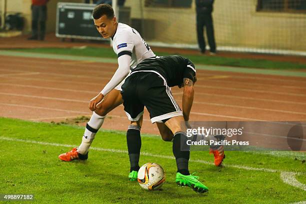 Qarabag FK players are challenged by Tottenham Hotspur FC player during the UEFA Europe League match between Qarabag FK and Tottenham Hotspur FC at...