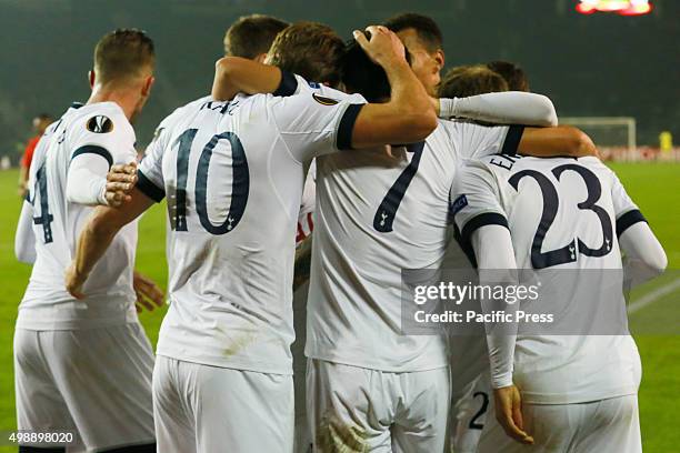 Harry Kane of Tottenham Hotspur FC is congratulated on scoring the opening goal by Son Heung-min during the UEFA Europe League match between Qarabag...