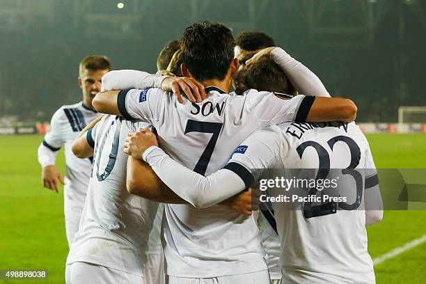 Harry Kane of Tottenham Hotspur FC is congratulated on scoring the opening goal by Son Heung-min during the UEFA Europe League match between Qarabag...