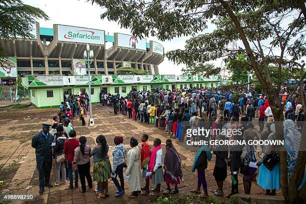 Kenyans gather at the Kasarani Sport Stadium in Nairobi on November 27 to hear an address by Pope Francis, during a six-day visit to Kenya, Uganda...